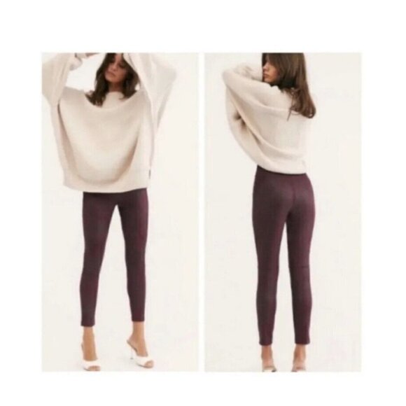 Free People Pull on Vegan Faux Suede Leather Leggings Wine Color Size M/L (N) - Picture 3 of 12